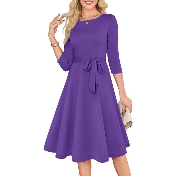Women's Dark Purple3/4 Sleeve Vintage Flattering A-line Vintage Cocktail Dresses - Picture 2 of 5